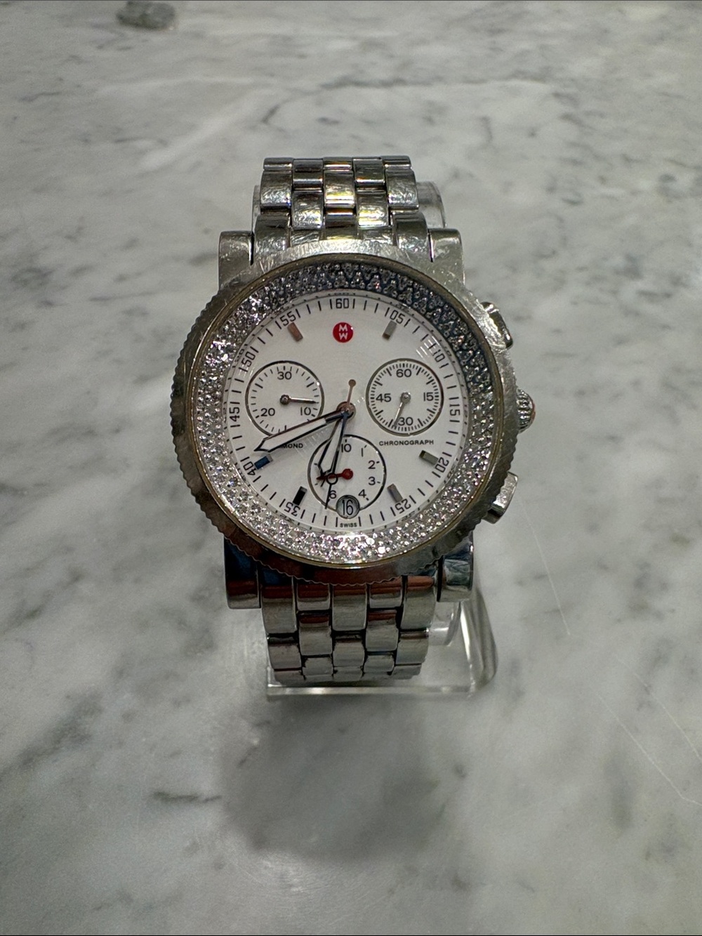Michele Silver Chronograph Watch with White Dial and diamonds